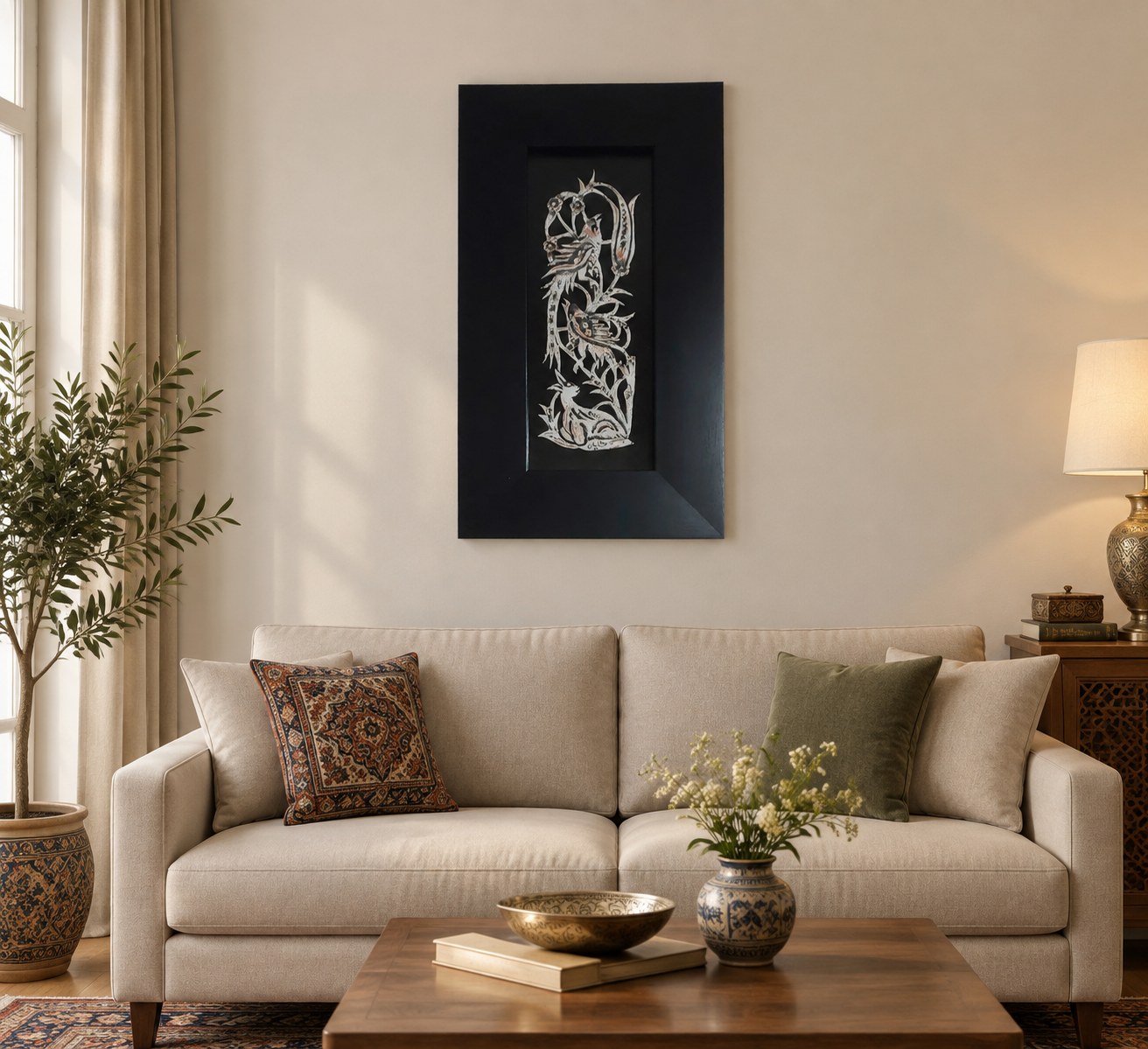 تابلو قلم زنی مدل گل و مرغ