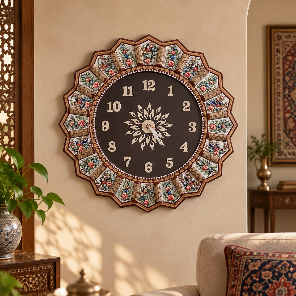 ساعت ۶۰ سانتی دیوار کوب خاتم گل و مرغ