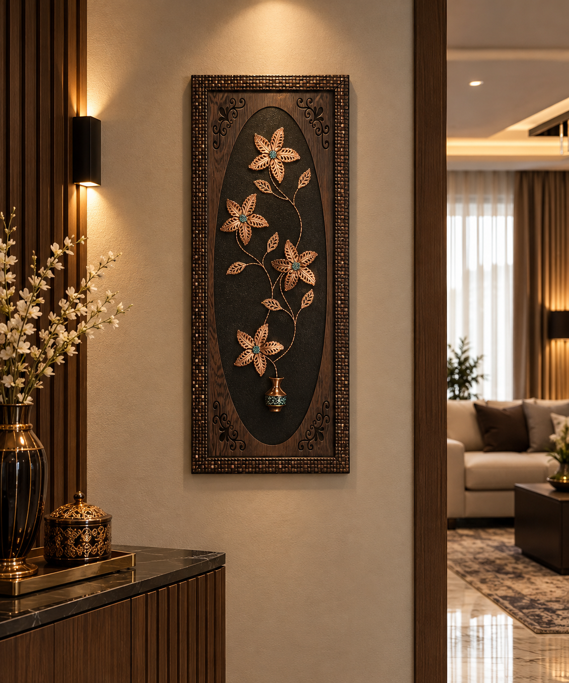 تابلو مسی ۲۰*۵۰ چهار گل با گلدان
